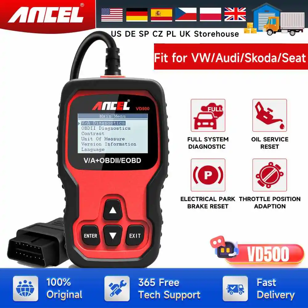 Ancel VD500 Auto OBD2 Scanner automobilistico per VW/Audi/Skoda Sistema completo Lettore di codici per auto ABS EPB SRS Ripristino olio Strumento diagnostico OBD