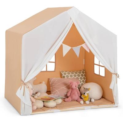 GOPLUS Kinderzelt mit Holzrahmen, Multifunktionaler Kinderspielhaus mit Fahnenbanner, großem Image