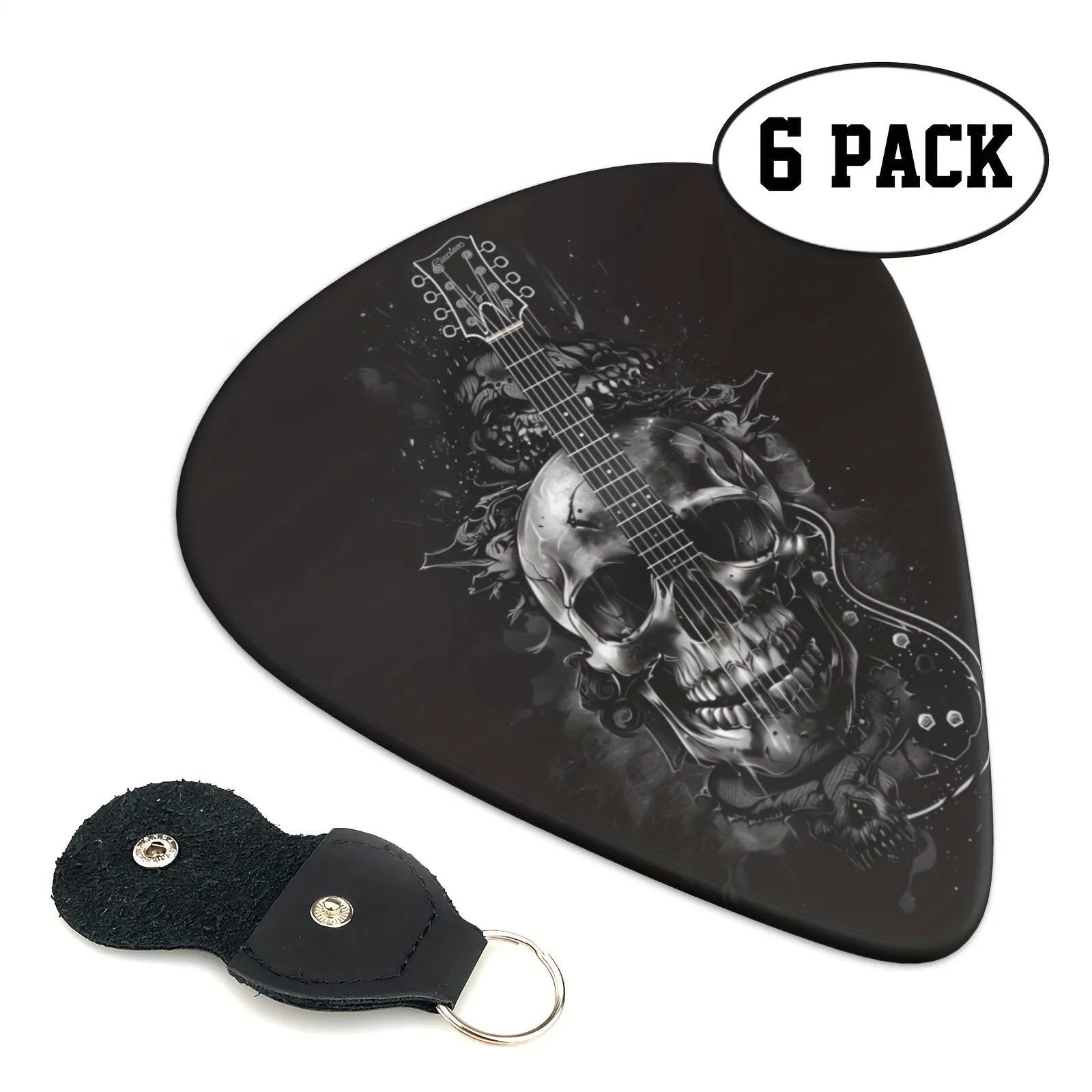 6-teilige Original-Gitarrenplektren mit Sound, doppelseitig bedruckt, Fingerschrapnell für Ukulele-Gitarre, Schlüsselanhänger-Holster, Geschenk für Musikliebhaber Image