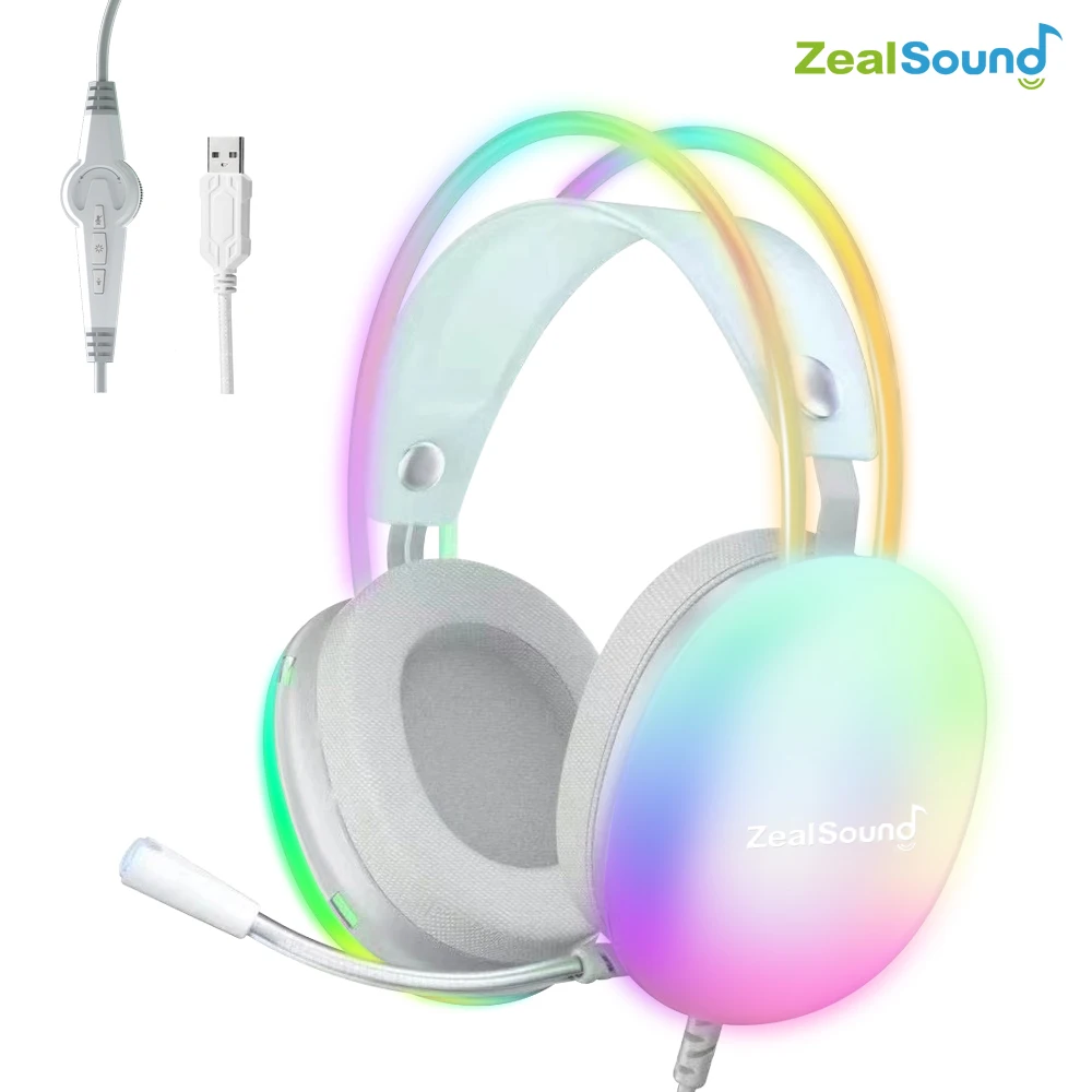 Zealsound RGB-Gaming-Headset für PC, Laptop, PS4, PS5, kabelgebundene Kopfhörer mit Mikrofon, Bass-Surround über dem Ohr, USB-Volllicht-Kopfhörer S600 Image