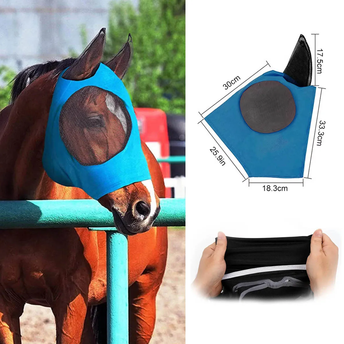 Atmungsaktive Pferdemaske, Sommerbrille, Mückenohren, bequeme Passform mit UV-Schutz, Mesh-Pferdefliegenmaske, Reitsportzubehör Image