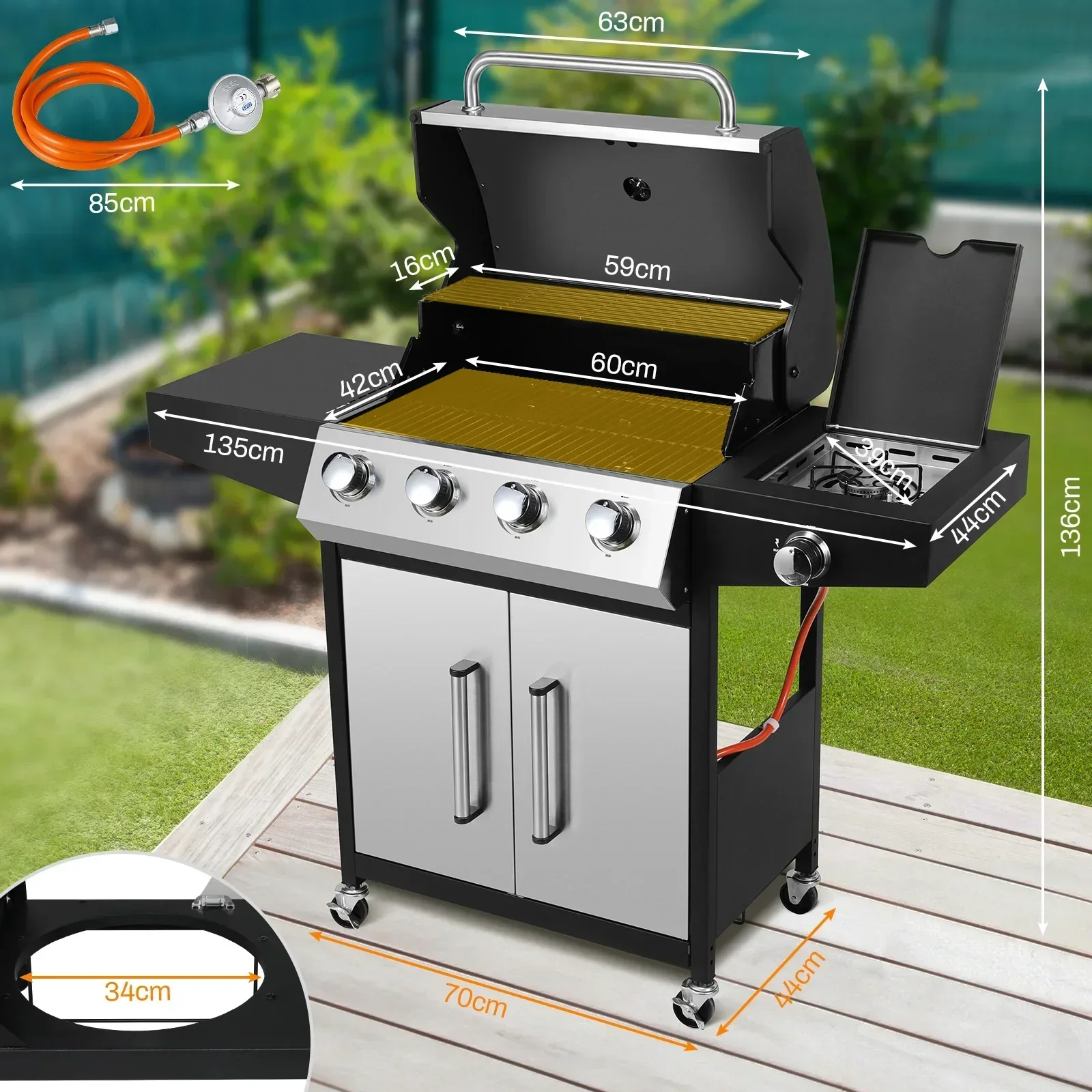 4+1 Brenner-Gasgrill mit Seitenbrenner 52.000 BTUs, großer Kochbereich, Propan-BBQ-Grill mit Edelstahlplatte für den Außenbereich Image