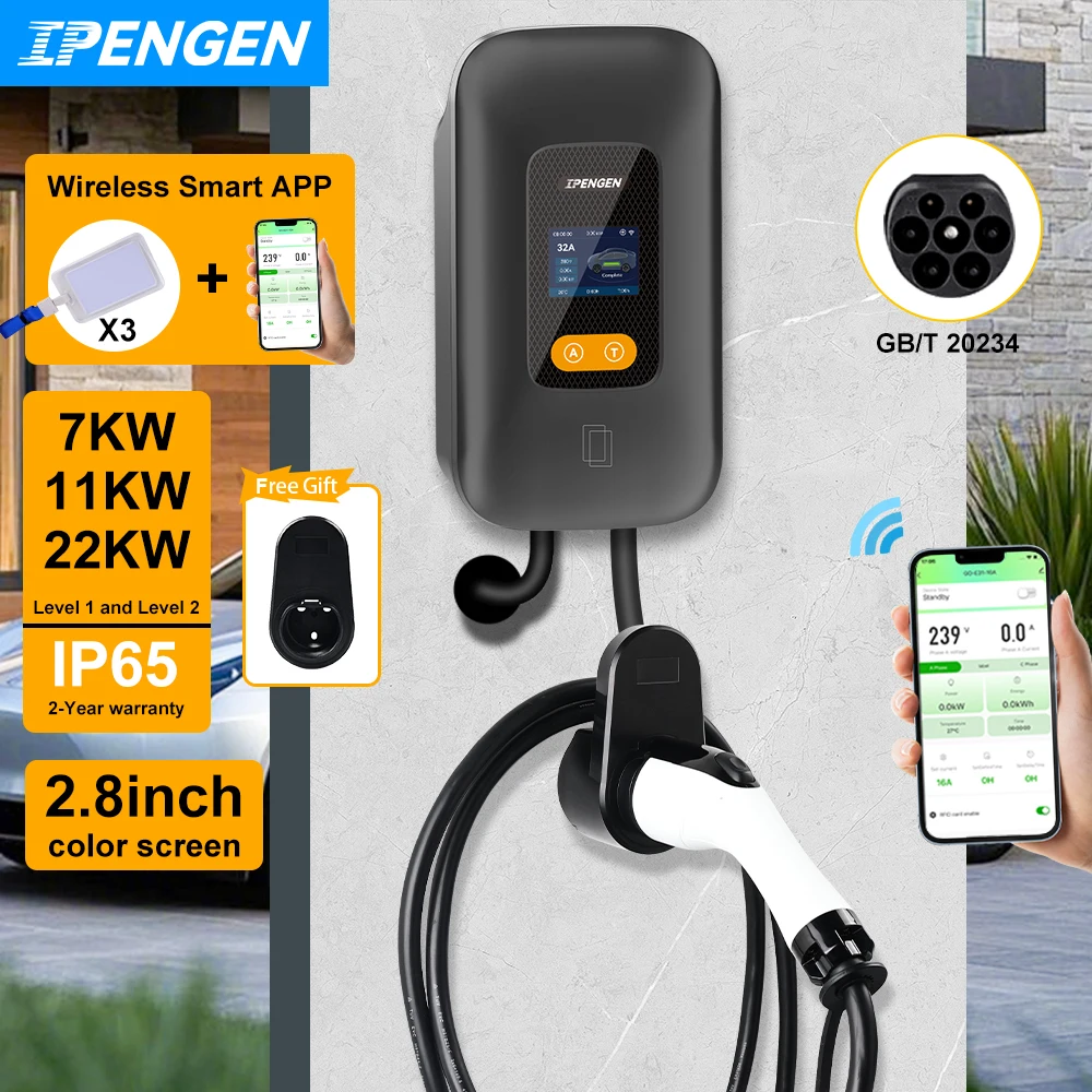 IPENGEN EV Ladestation GBT 20234 Elektroauto-Ladegerät 7,6/11 kW/22 kW 16 A/32 A 1P/3P EVSE Wallbox WiFi APP Fernbedienung Image