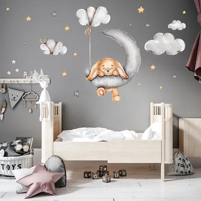 Aquarell Kaninchen auf dem Mond Wandaufkleber Kinderzimmer Wolke Sterne Wandtattoo Babyzimmer Kinderzimmer Home Decor Image
