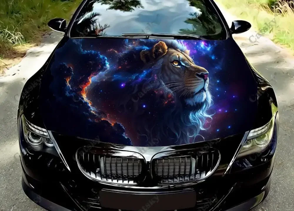 Löwe mit Sternen himmel Auto Motorhaube Vinyl Aufkleber Wrap Vinyl Film Motor Abdeckung Aufkleber Aufkleber Universal Auto Motorhaube Schutz folie Image