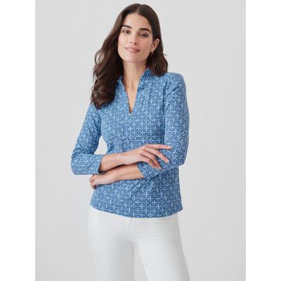 J.McLaughlin Women's Sahara Ruffle Top in Ceramic Waves Navy/Light Blue, Size XS | Nylon/Spandex/Catalina Cloth