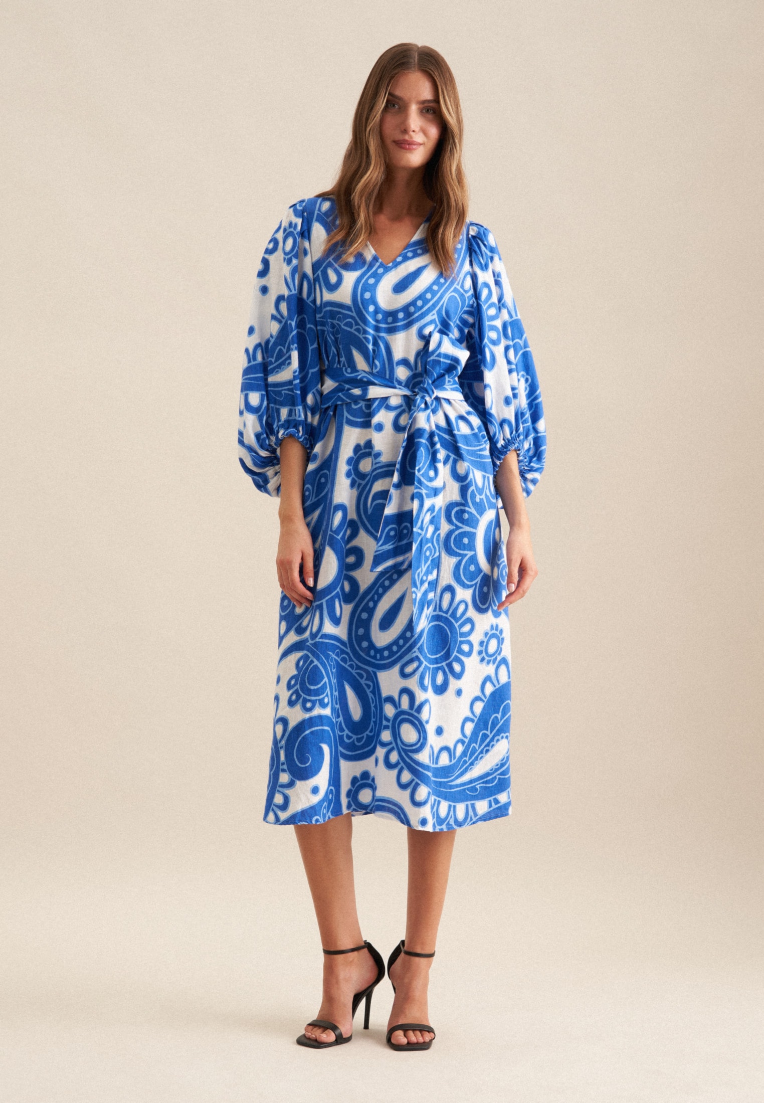 Sommerkleid SEIDENSTICKER "Schwarze Rose", Damen, Gr. L40, Normalgrößen, blau, 65% Baumwolle 35% Leinen/Flachs, Paisley, V-Ausschnitt, Kleider, 3/4 V-Neck Paisley Image