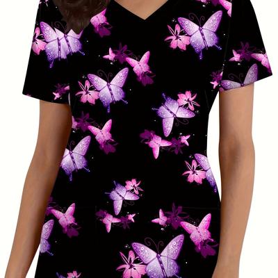 TEMU Chic Print V-neck Scrub Top With Pockets - Short Sleeve, High-quality Nurse & Uniform For Women