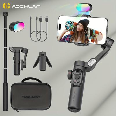 TEMU Aochuan 3axis Smartphone Gimbal With Light For Phone 15pro Max Android Phone For Vlog Live Handheld Folded With Mini Tripod Case Bag Extended Monopod