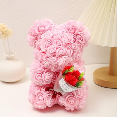 TEMU 1pc Elegant Rose Bear With Lifelike Artificial Flowers - Valentine's, Day, Weddings | Ideal For Decor, Holiday Gifts, Bear Home Decor Image