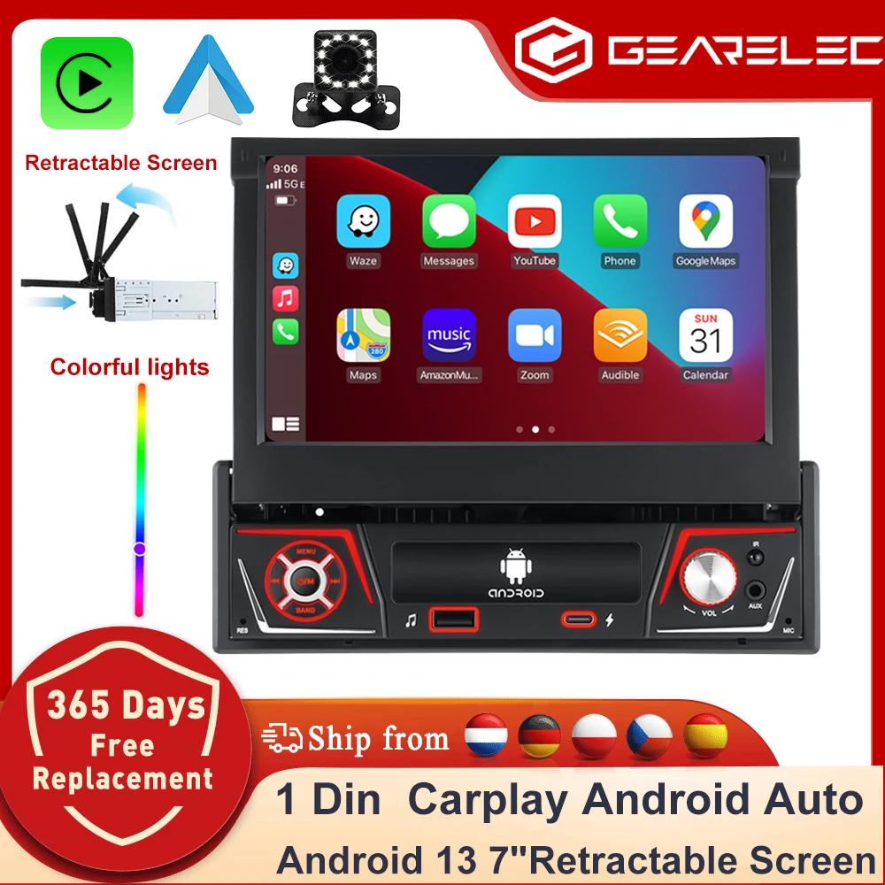 1 DIN Autoradio Android Carplay Auto Universal 7" IPS Einziehbarer Bildschirm GPS Navigation 1Din Android 12 Multimedia Video Player Image