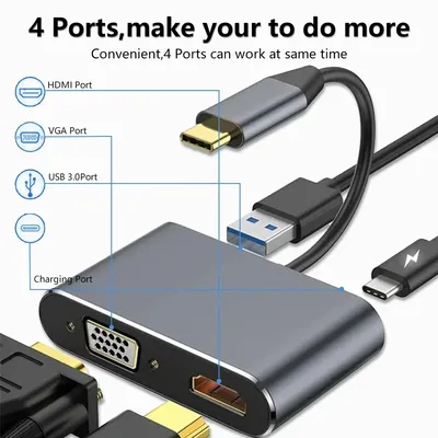 4-in-1 Typ C Adapter Hub zu HDTV VGA USB 3.0 Digital AV Multiport Adapter mit TYPE-C PD Image