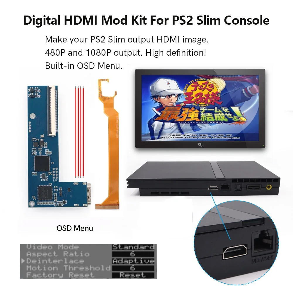 Hispeedido 1080P PS2 Slim Digital HDMI MOD Kit Digital zu Digital HDMI Mod Kit für PS2 Slim Konsole