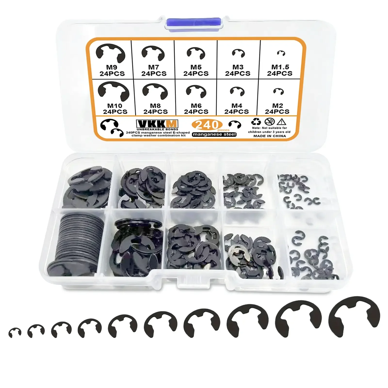 240 stücke E-Clip-Sortier kit für externe Sicherungs ringe, 10 stücke 0,06 Zoll-0,39 Zoll Mangan stahl-Kit für externe Sicherungs ringe Image