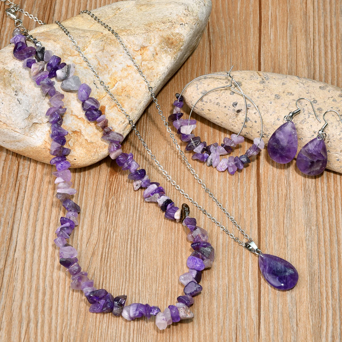 6-teiliges Naturstein-Amethyst-Halsketten-Ohrring-Set, eleganter und luxuriöser handgefertigter Schmuck für böhmische Damen Image