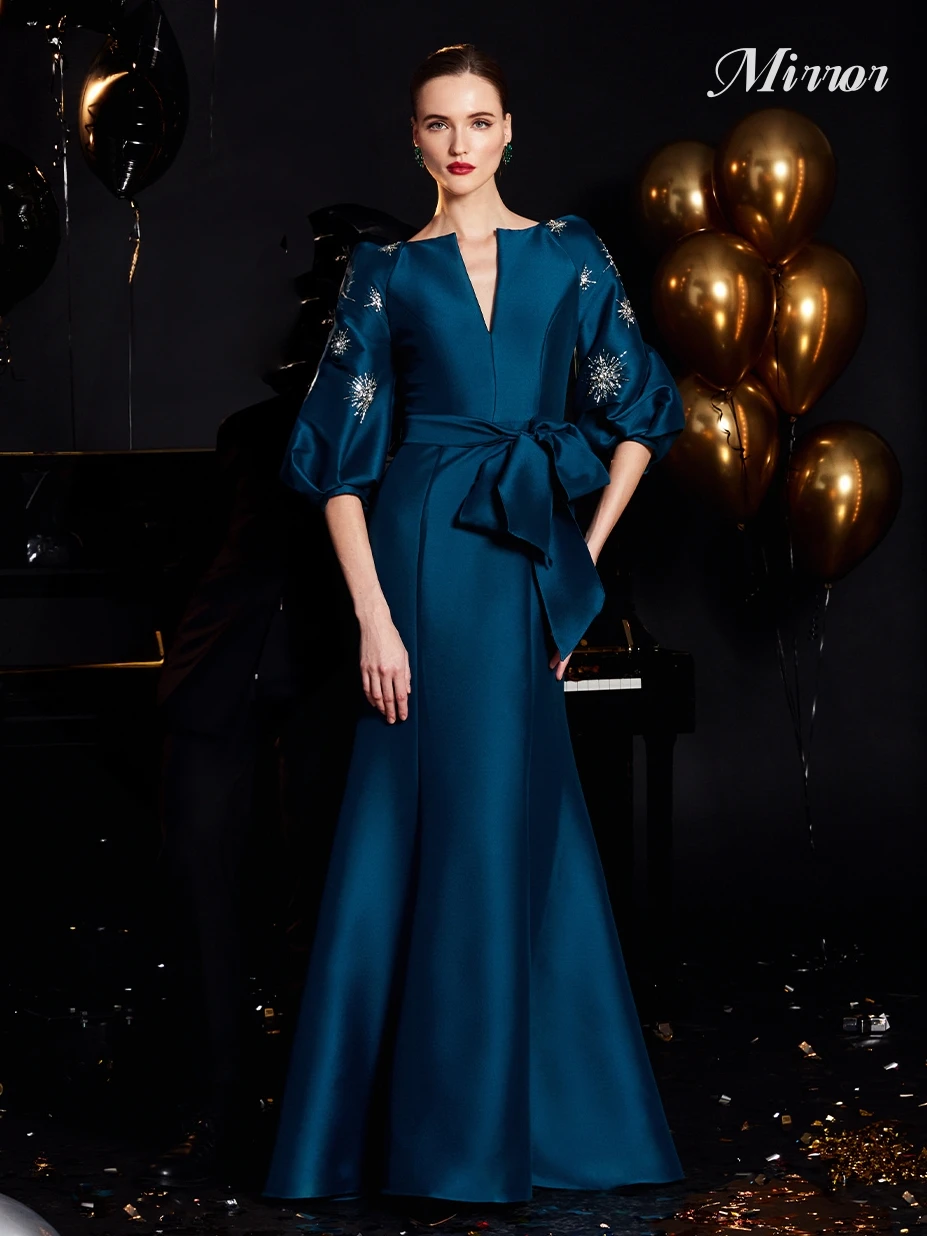 Spiegel kleid elegante Vintage Pfau blau Perlen Band V-Ausschnitt maßge schneiderte formale Gelegenheit Abschluss ball Kleid Abend Party Kleider