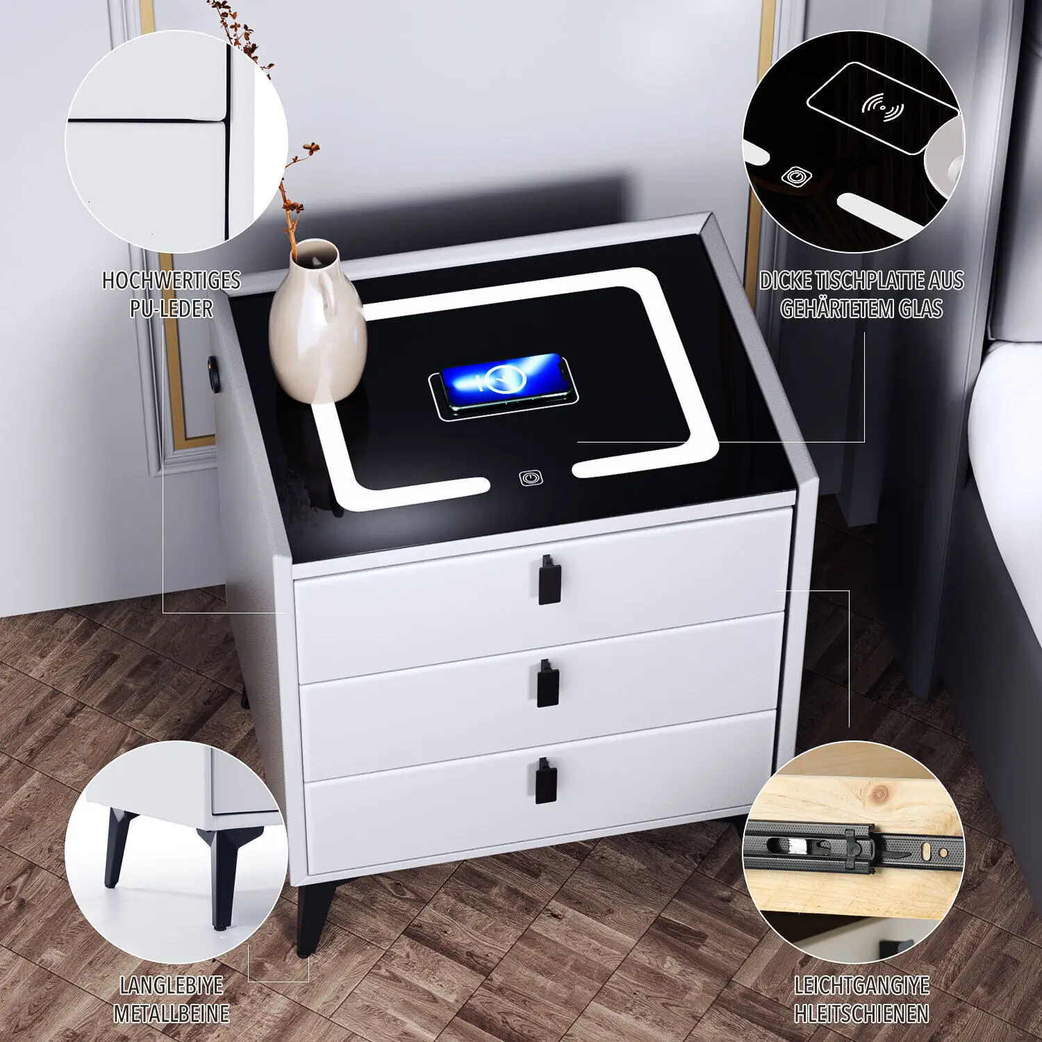 Comodino intelligente bianco con ricarica wireless, comodino con luce LED, comodino a 2 cassetti, cassettiera per soggiorno R