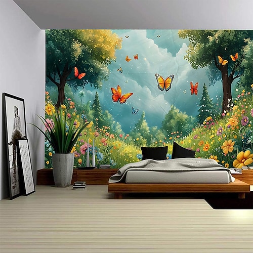 Ein Wald Pflanze Blume Schmetterling Pfad Landschaft hängenden Wandteppich Wandbild Kunst große Wandteppich Wandbild Dekoration Foto Hintergrund Teppich Vorhang Haus Schlafzimmer Wohnzimmer Dekoration Image