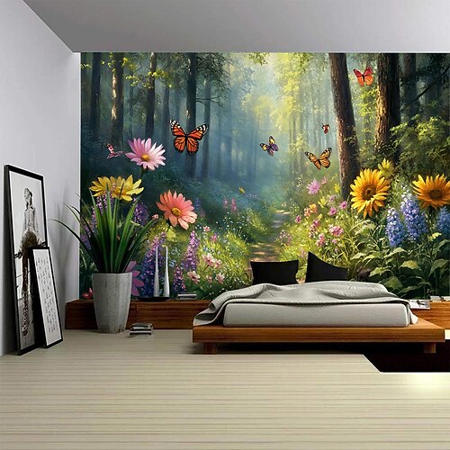 Ein Wald Pflanze Blume Schmetterling Pfad Landschaft hängenden Wandteppich Wandbild Kunst große Wandteppich Wandbild Dekoration Foto Hintergrund Teppich Vorhang Haus Schlafzimmer Wohnzimmer Dekoration Image