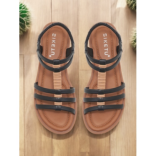 braune flache Riemchensandalen für Damen mit gewebten Details – stilvoll und bequem für die Freizeit oder den Urlaub Image