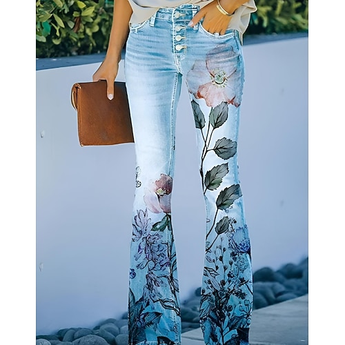 Damen Schlaghose Schlaghosen Hosen Hose Gemütliche Leggings Mode Volle Länge Mittlere Taille Schädel Blume / Blumenmuster Seitentaschen Weites Bein Druck Komfort Mikroelastisch Halloween Wochenende Image