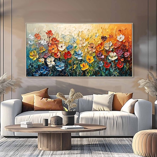 handgemachtes Original buntes Blumengemälde Ölgemälde auf Leinwand abstrakte florale Wandkunst für Wohndekoration mit gespanntem Rahmen/ohne Innenrahmen Gemälde
