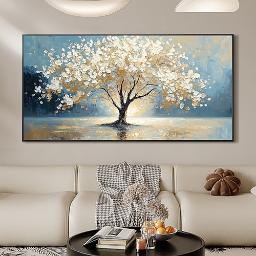 handgemachtes Original weißes Lebensbaum-Gemälde Ölgemälde auf Leinwand abstrakt blühender großer Baum Wandkunst für Wohndekoration mit gespanntem Rahmen/ohne Innenrahmen Gemälde Image