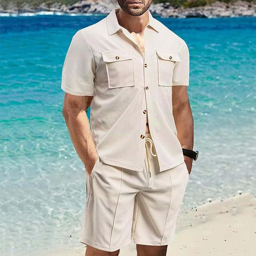 Men's 2 Piece Shirt Set Summer Set Matching Sets Casual Shirt Button Up Shirt Plain Vacation Daily Black White Red Green Short Sleeve Collar Summer Clothing Apparel