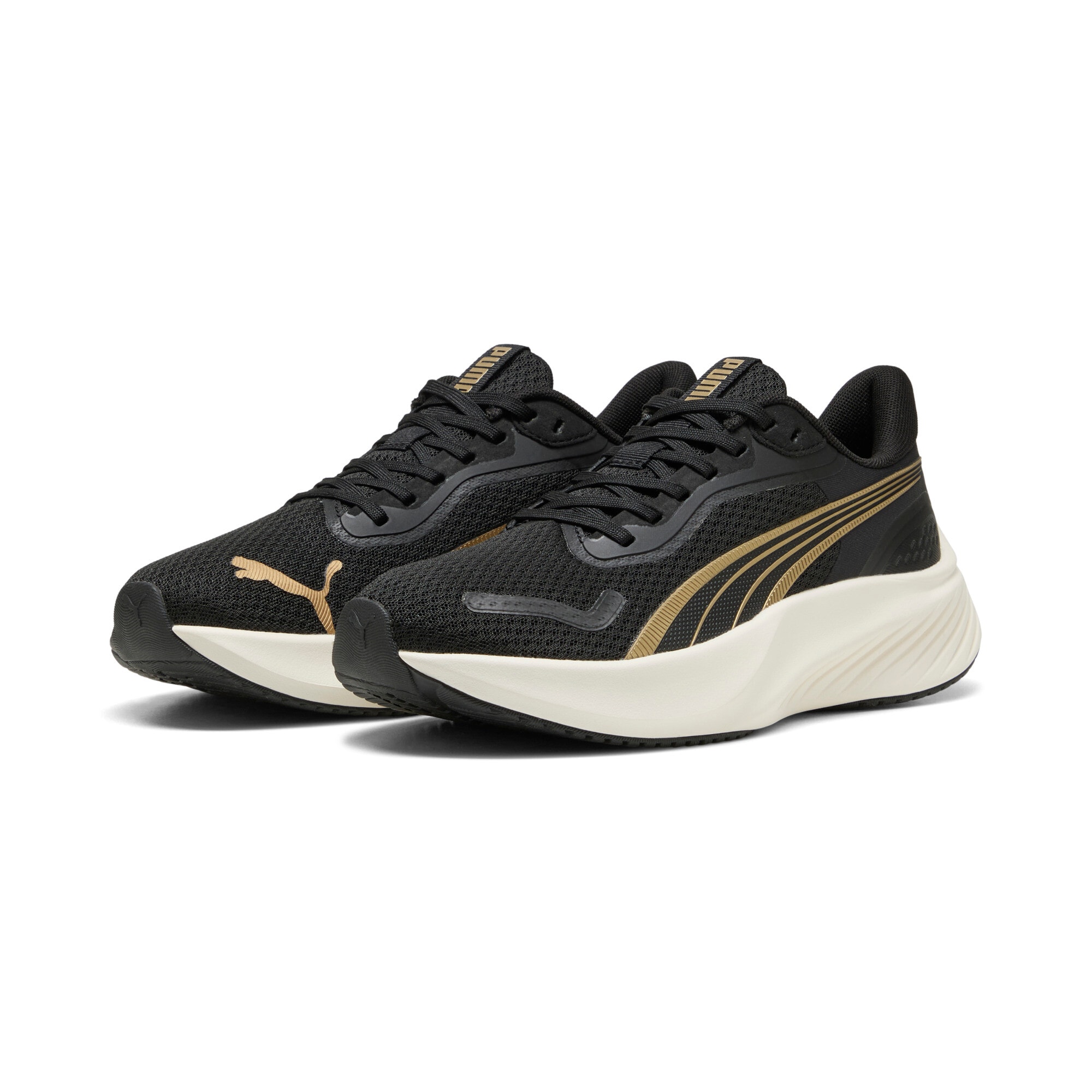 Laufschuh PUMA "POUNCE LITE", Damen, Gr. 45, schwarz (puma gold, puma schwarz), Textil, Schuhe Laufschuh