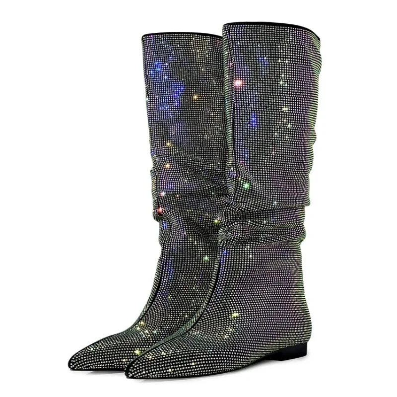 Silber flache Boden Mode Plissee Stiefel große Größe 36-47 Stein korn kniehohe Stiefel spitzen Denim Low Heels sexy Damenschuhe
