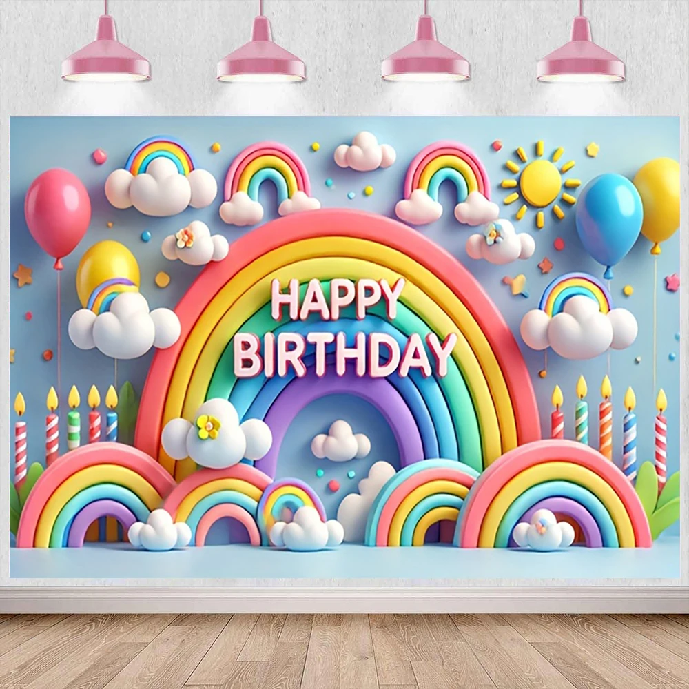 Alles Gute zum Geburtstag Dekorationen Hintergrund Luftballons Regenbogen Design Party Fotografie Hintergrund Baby Dusche Foto Studio Banner Requisiten Image