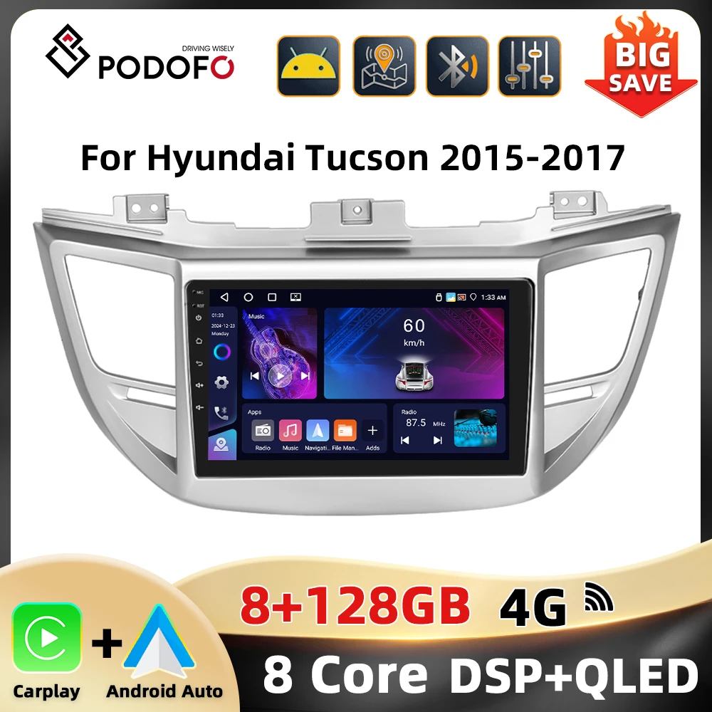 Podofo AI Voice 2Din Car Radio For Hyundai Tucson 2015-2017 Multimedia Player 8Core WIFI 4G Carplay Android Auto DSP Car Stereo Image