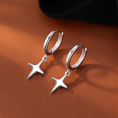 TEMU S925 Sterling Silver Hoop Earrings 4 Pointed Star Ear Daily Casual Earrings Jewelry 18k Gold Plated Minimalist Elegant Earrings For Women 2.2g /0.08oz Image