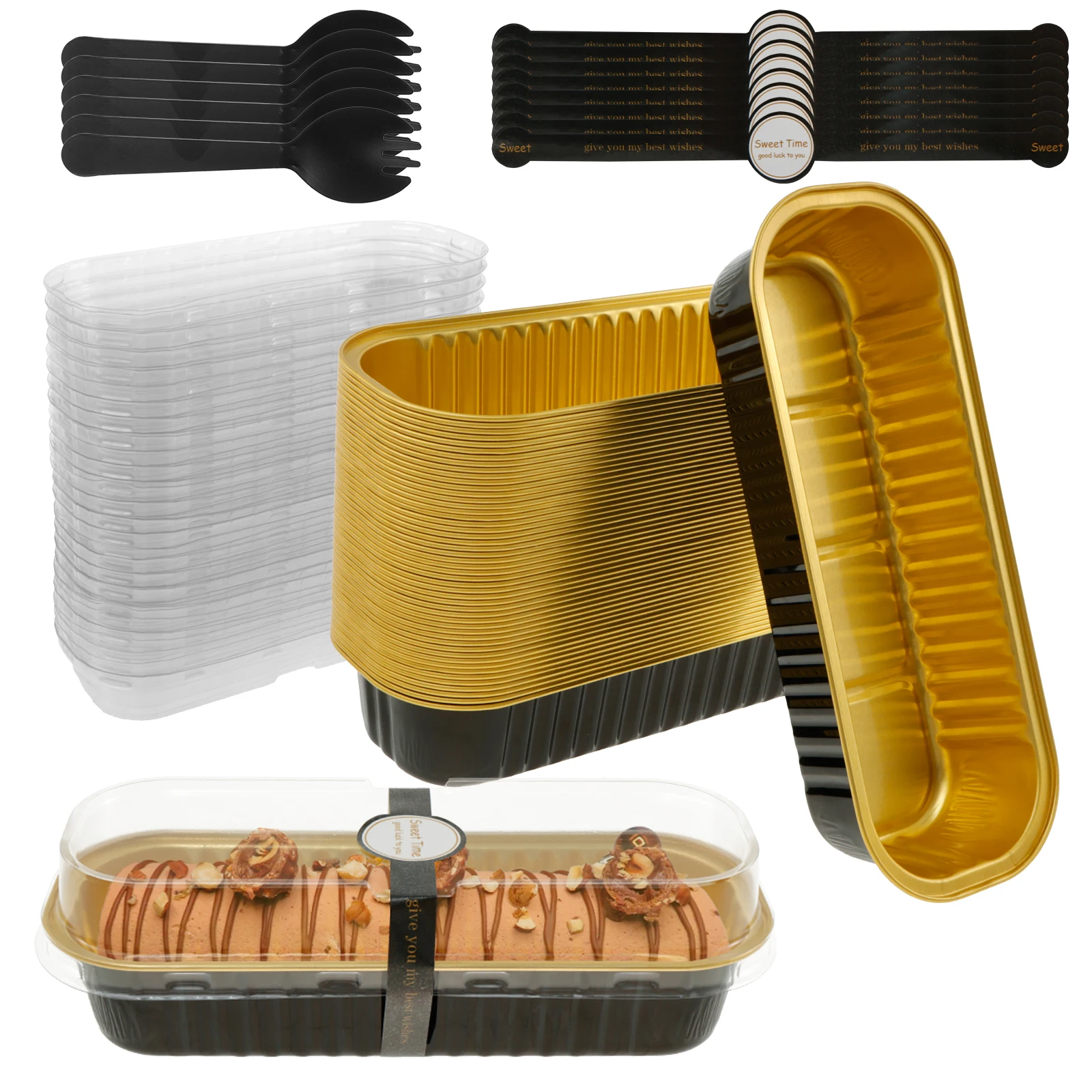 50 Stück Mini-Kastenformen aus Aluminiumfolie, Mini-Kuchenformen mit Deckel, Löffel, Dichtungsaufkleber, antihaftbeschichtet, Mini-Kasten-Backformen, Kuchenbehälter Image