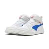 Sneaker PUMA "REBOUND V6 MID AC+ PS", Kinder, Gr. 29, puma weiß, vivid blau, feather gray, mehrfarbig, sportlich, Schuhe