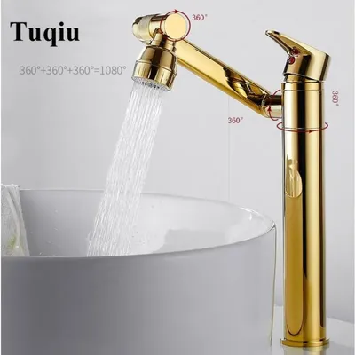 Bathroom Basin Faucet Gold Brass Basin Mixer Tap 1080 Swivel Basin Sink Faucets Gold Hot and Cold