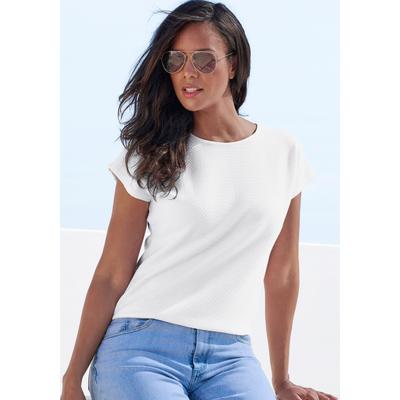 Kurzarmshirt VIVANCE "aus bügelfreier Strukturqualität", Damen, Gr. 44/46, beige (creme), Stoff, Obermaterial: 80% Polyester, 16% Viskose, 4% Elasthan, unifarben, modisch, bequem normal, Rundhals, Kurzarm, Shirts, mit Viskose Image