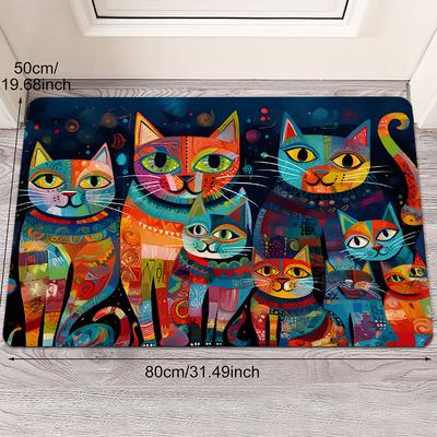 TEMU 1pc Quirky Cat Art Doorway Mat - Vibrant, Non-slip Polyester Mat With Colorful Cat Illustrations, Ideal For Indoor/outdoor Use, Living Room, Bathroom, Kitchen Decor And Gifts Image