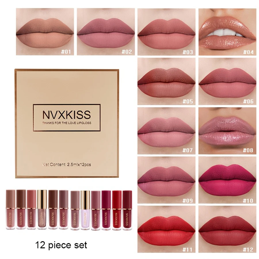 12PCS matte Lippenglasur Perlglanz Lipgloss wasserdicht langlebig nicht leicht zu verblassen matte Lippenstift Geschenkbox Geschenk Image