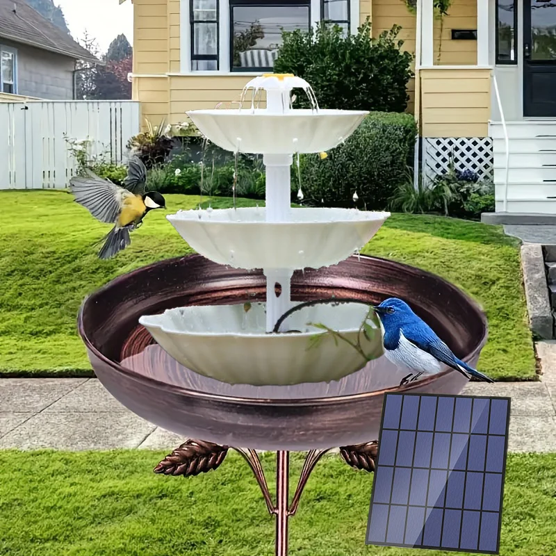 3-lagiges weißes Vogelbad mit 3,5 W Solarpumpe für Vogelfutterspender-Set, DIY-Solarbrunnen, geeignet für Vogelbad, Gartendekoration