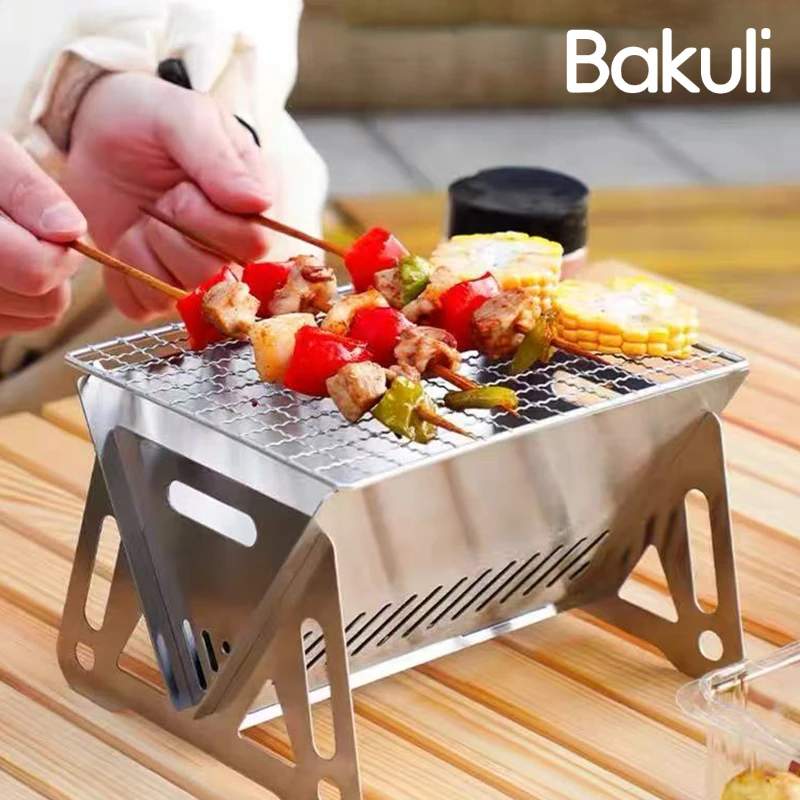 Tragbarer BBQ-Grill für den Außenbereich, Edelstahl-Gittergrill, Holzkohlegrill, faltbarer Mini-Kohlenbecken, Heizofen Image
