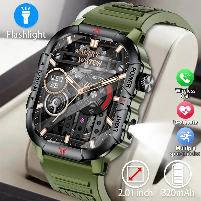 LIGE Smart Watch LED Taschenlampe Männer Wasserdichte Uhren 2,01 zoll HD Bildschirm Gesundheit Armband Militär Outdoor Sport Smartwatch Mann Image