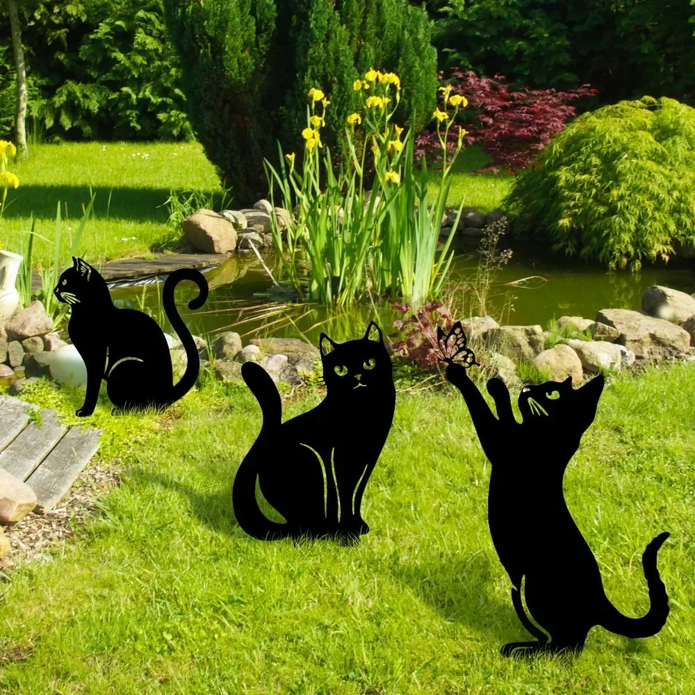 Piquets de jardin de la famille des chats d'inspiration Tiki, Silhouette décorative de jardin de chat mignon, intensifications extérieures pour la cour, la pelouse de jardin
