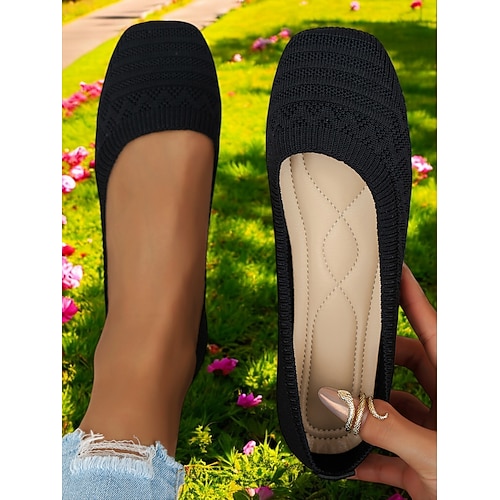 Hellblaue Ballerinas aus Strick für Damen – atmungsaktive Schlupfschuhe mit quadratischer Zehenpartie und gepolsterter Innensohle für die Arbeit und Freizeit Image