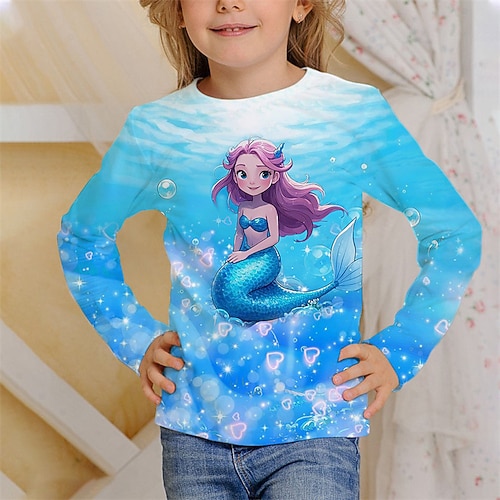 Mädchen 3D Grafik Meerjungfrau T-Shirt Langarm Frühling Herbst Mode Basic Kinder 4-12 Jahre Rundhalsausschnitt Outdoor Lässig Täglich Normale Passform Image