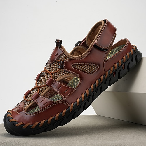 Herren Sandalen Handgefertigte Schuhe Spaltleder Atmungsaktiv Komfortabel Rutschfest Schnürsenkel Gelbbraun Schwarz Braun