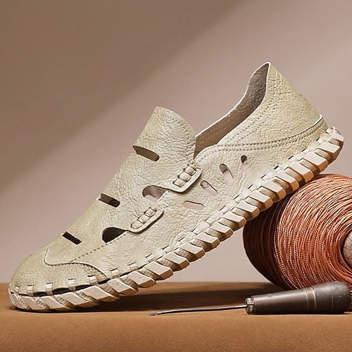 Beige Fischersandalen aus Leder für Herren mit atmungsaktivem Cutout-Design und bequemer Sohle für Freizeit-, Outdoor- und Sommerkleidung Image