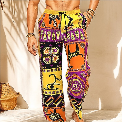 Herren Patchwork Ethnisch Hose Baggy-Hosen Freizeithose Mittlere Taille Vintage-Retro Tribal Outdoor Ferien Kordelzug Elastischer Bund Weites Bein Sommer Frühling 3D-Druck Gelb Image