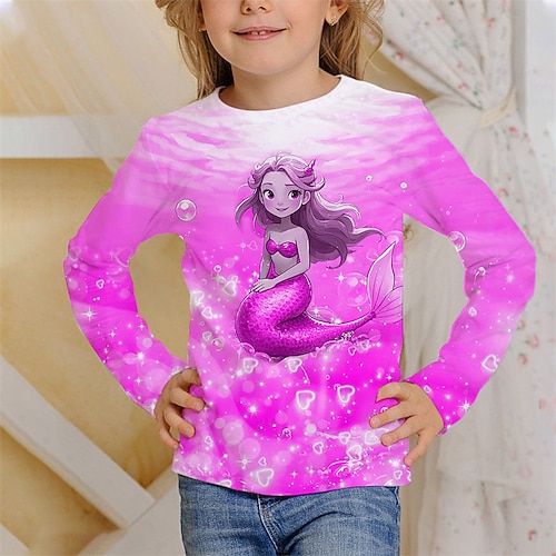 Mädchen 3D Grafik Meerjungfrau T-Shirt Langarm Frühling Herbst Mode Basic Kinder 4-12 Jahre Rundhalsausschnitt Outdoor Lässig Täglich Normale Passform Image