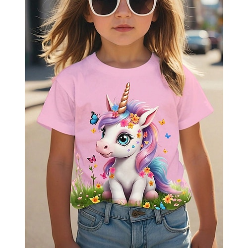 Mädchen 3D Graphic Einhorn T-Shirt Kurzarm Sommer Frühling Modisch Basic kinderkleidung 4-12 Jahre Rundhalsausschnitt Outdoor Casual Täglich Regular Fit Image